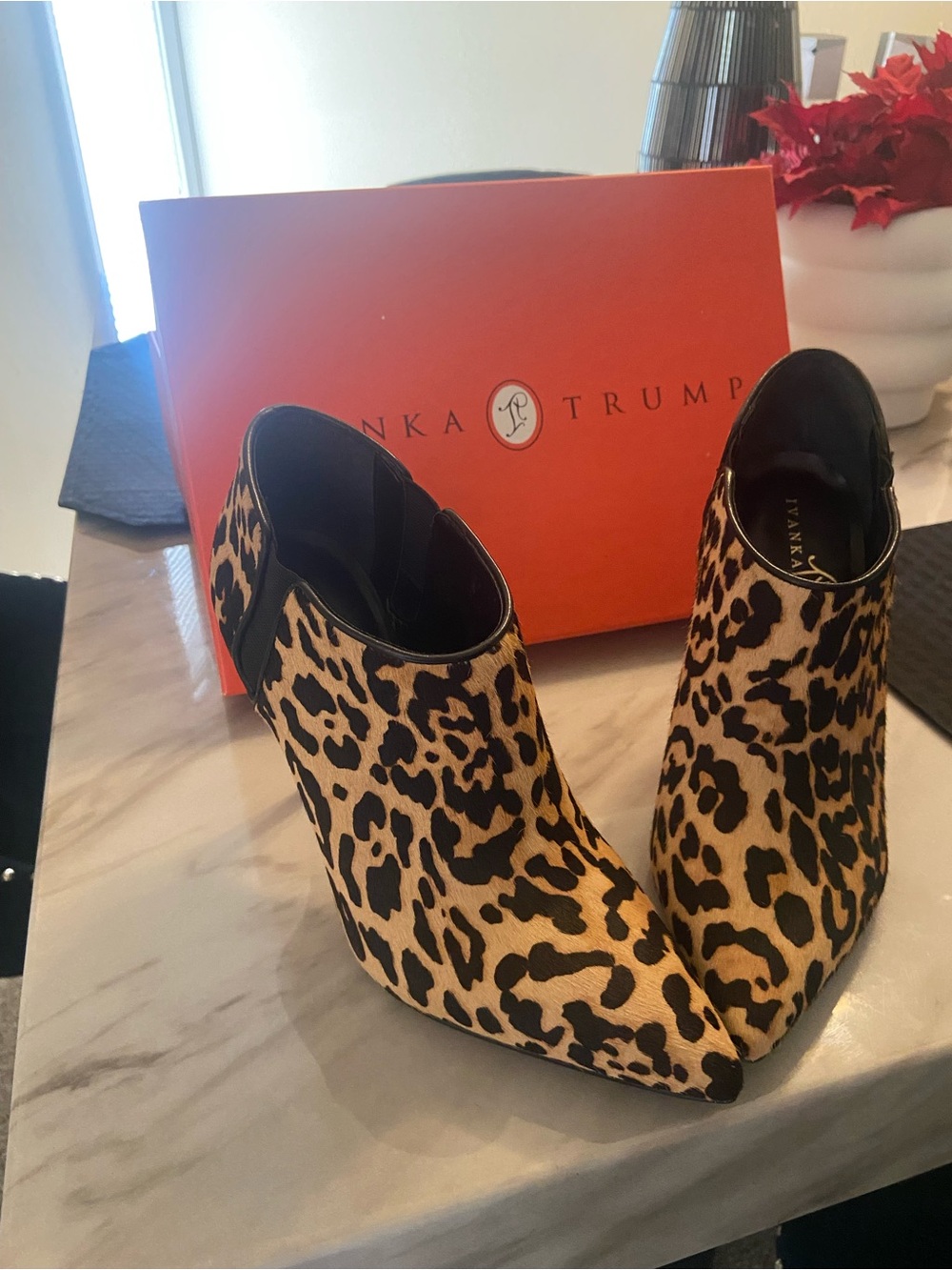 Ivanka Trump Leopard-Print Pointed Ankle Booties - Tan & Black